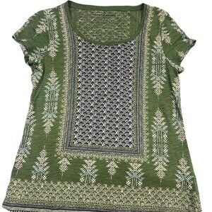 Lucky Brand Women Short Sleeve Shirt Top Size S Green Knit Geometric Los Angeles